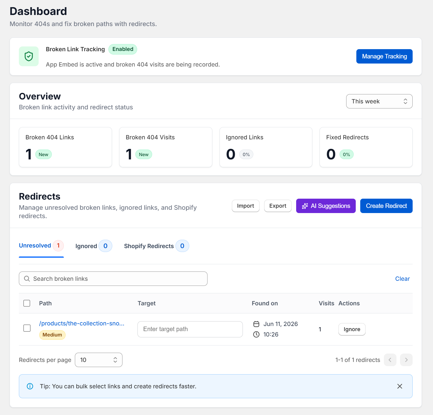 Viloko Redirect Manager dashboard showing broken links and redirect management